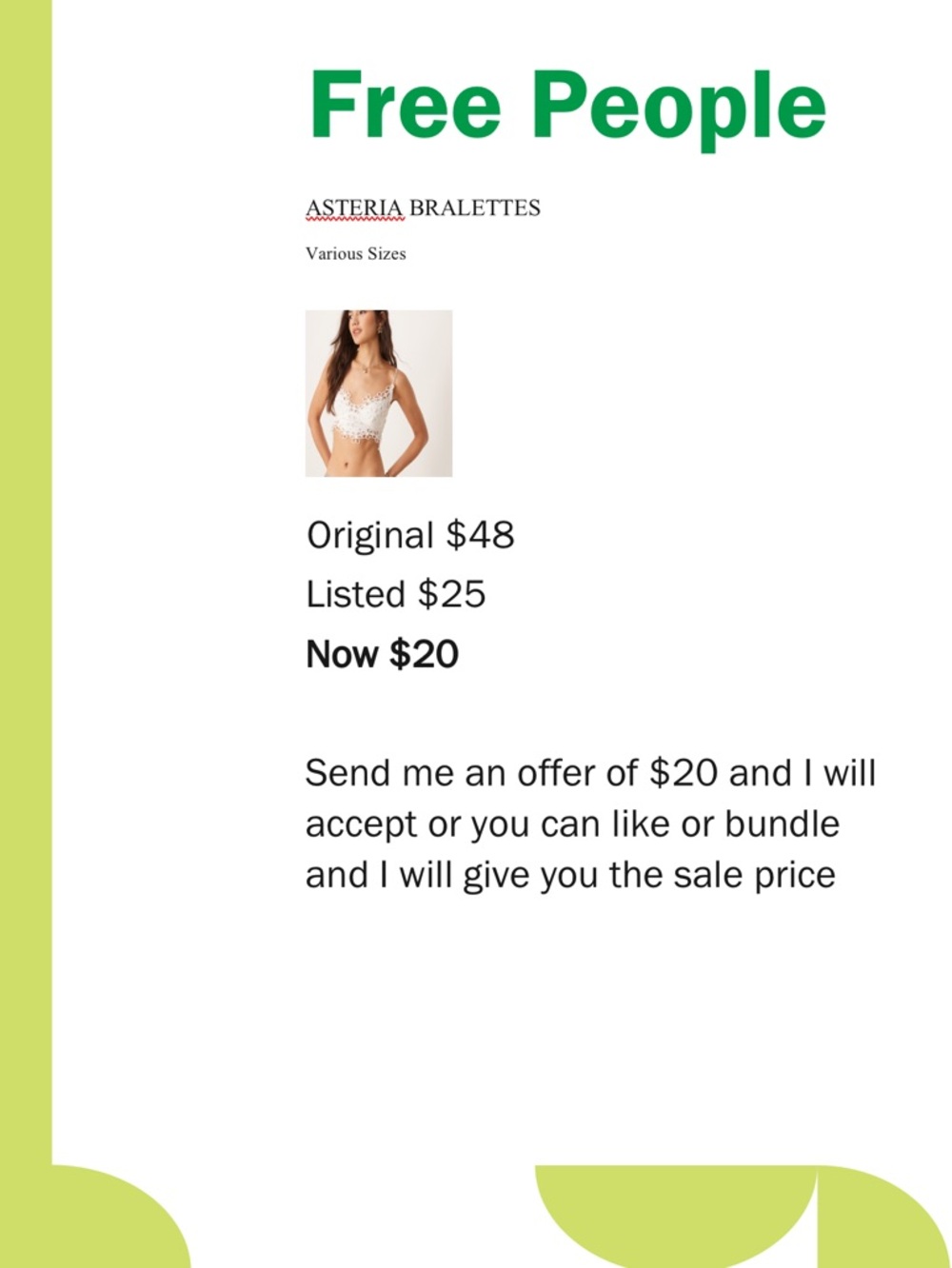 $ 20 NWT Free People Asteria Bralette Sale